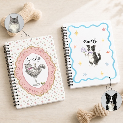 Personalized Name Watercolor Pet Portrait Vintage Frame Notebook, Softcover A5 Spiral Journal, Back to School/Birthday Gift for Pet Lovers/Students