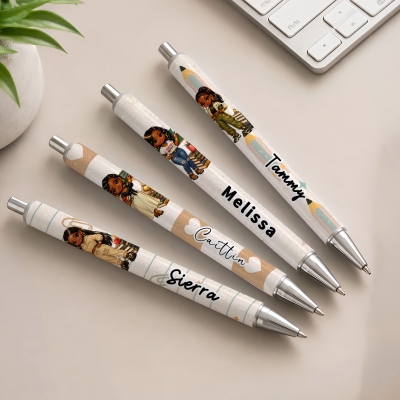 Personalisierter Glitzer-Gelstift mit Namensaufdruck, Cartoon-Motiv einer schwarzen Lehrerin, Kugelschreiber mit einziehbarer Mine, Geschenk zum Schulanfang/als Dankeschön für Lehrer