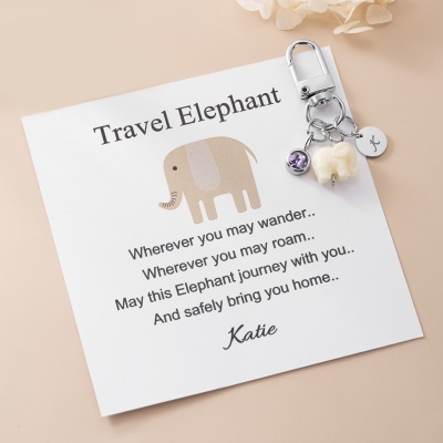 Personalized Pocket Elephant Birthstone Keychain with Initial Charm & Name Card, Lucky Protection Keepsake, Birthday Gift for Traveler/Elephant Lover