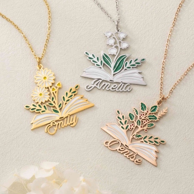 Personalized Enamel Birth Flower Book Necklace with Name, Dainty Floral Jewelry, Birthday/Graduation/Christmas Gift for Book Lovers/Women/Girls