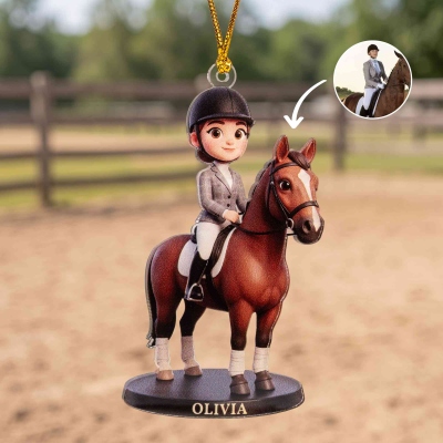 Custom Horse and Owner Portrait 2D FLAT Christmas Ornament with Name, Acrylic Holiday Tree Hanging Decor, Christmas Gift for Horse Equestrians/Riders
