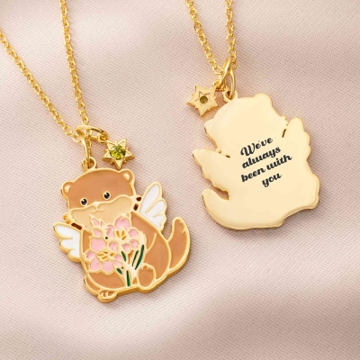 Personalized Engraved Animal Companion Necklace with Birth Flower & Birthstone, Dainty Guardian Angel Pendant, Birthday Gift for Kids/Daughters