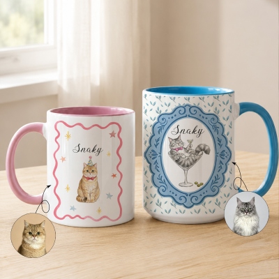 Personalized Vintage Frame Watercolor Pet Portrait Mug with Name, 11oz/15oz Two Tone Ceramic Mug with Coaster, Birthday/Memorial Gift for Pet Lovers
