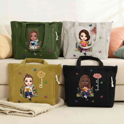 Personalized Cartoon Reading Character Birth Flower Large Capacity Corduroy Tote Bag with Name Travel Essential Birthday Gift for Book Lover Bookworm