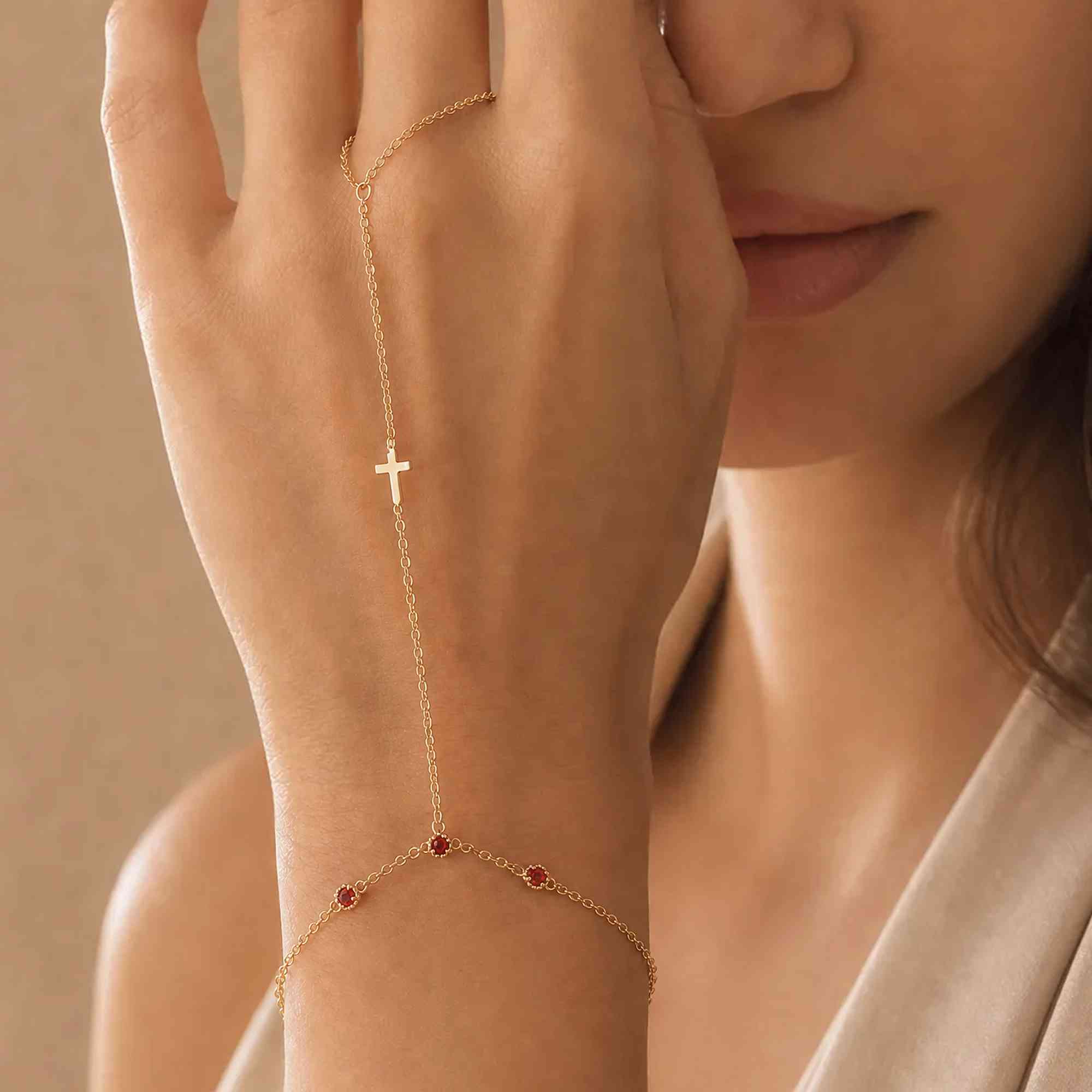 Personalized Birthstone Cross Hand Chain, Sterling Silver 925 Creative Finger Ring Connected Bracelet, European Fashion Hand Jewelry, Gift for Her