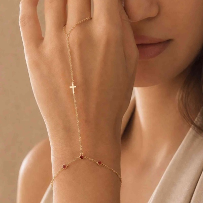 Personalized Birthstone Cross Hand Chain, Sterling Silver 925 Creative Finger Ring Connected Bracelet, European Fashion Hand Jewelry, Gift for Her