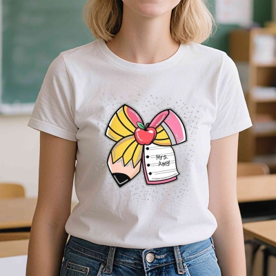 Personalized Teacher Pencil Coquette Bow T-Shirt with Name, 100% Cotton Crewneck T-Shirt, Back to School/Appreciation/Birthday Gift for Teachers