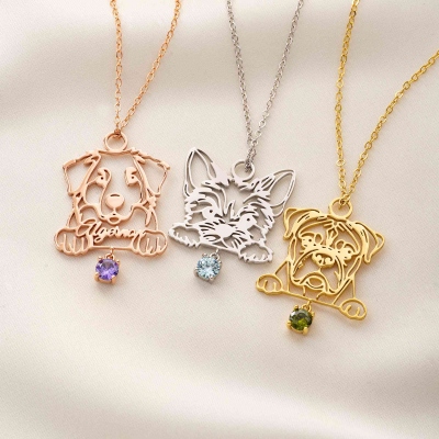Personalized Name Dog Breed Silhouette Necklace with Birthstone, Dainty Dog Memorial Jewelry, Birthday/Anniversary Gift for Pet Lovers/Owners
