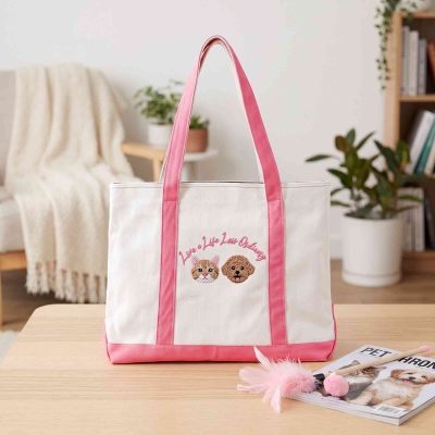 Personalized Embroidered Pet Portrait Canvas Tote Bag with Name, Daily Cat/Dog Photo Heavy-Duty Portable Travel Handbag, Gift for Pet Owners/Lovers