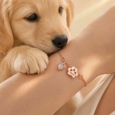 Personalized Engraved 3D Paw Print Bracelet with Name and Birthstone, Pet Memorial Jewelry, Pet Loss/Remembrance Gift for Pet Lovers/Dog Owners