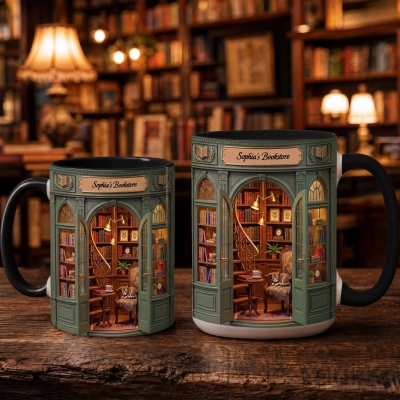 Personalized Vintage Bookstore 3D Ceramic Mug with Name, 11oz/15oz Book Club Coffee Tea Mug, Bookworm Keepsake, Birthday Gift for Book Lovers/Readers