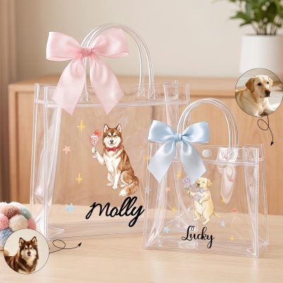Personalized Name Watercolor Pet Portrait Gift Bag with Bow Ribbon, PVC Transparent Handbag, Birthday/Memorial Gift for Pet Parents/Owners