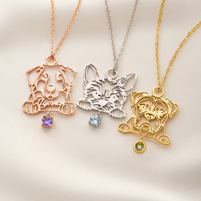 Personalized Name Dog Breed Silhouette Necklace with Birthstone, Dainty Dog Memorial Jewelry, Birthday/Anniversary Gift for Pet Lovers/Owners