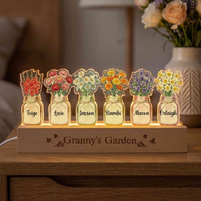 Personalized 1-6 Birth Flowers and Names Nana’s Garden Night Light, Acrylic LED Lamp with Wooden Base, Home Decor, Birthday Gift for Grandma/Mom