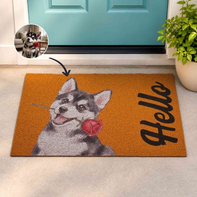 Personalized Photo Watercolor Pet Portrait Doormat with Text, Multicolor Non-slip Entryway Rug, Dog Cat Welcome Mat, Housewarming Gift for Pet Parents