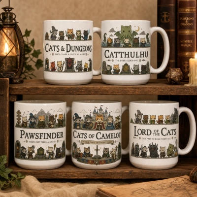 DND Cat Coffee Mug, Dungeons and Dragons Fantasy Ceramic Cup, Cats & Dungeons Catthulhu Lord of the Cats Mug, Gift for Cat Lovers