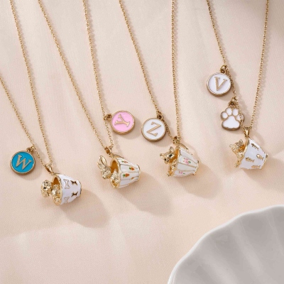 Personalized Teacup Pet Necklace with Initial Charm, Dainty Pet Memorial Jewelry, Birthday/Anniversary Gift for Pet Lovers/Owners