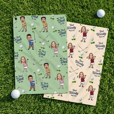 Custom Kid Face Golf Waffle Weave Sweat Towel with Name, Multicolor Absorbent Sports Towel, Birthday/Father's Day Gift for Golf Players/Dad/Husband