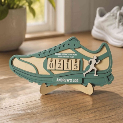 Personalized Sneaker Design Wooden Year Mile Tracker with Name, Home Decor, Birthday/Anniversary Gift for Running/Marathon Enthusiasts