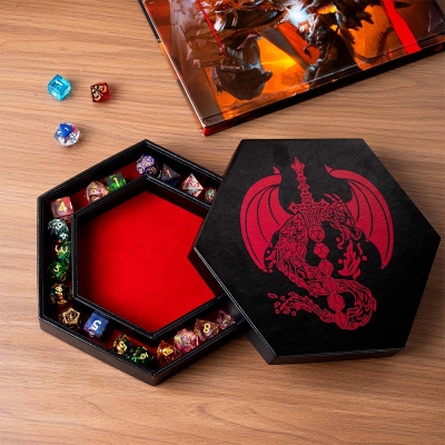 Personalized PU Leather Hexagon DND Dice Box & Dual Rolling Tray, Large Capacity Dice Storage Box with Custom Lid, DND Accessory Gifts