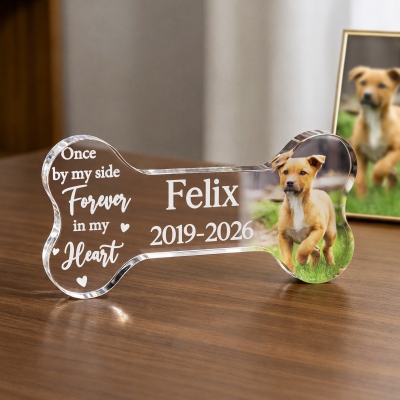 Personalisierte Gedenktafel in Knochenform mit Haustierfoto, Namen und Lebensjahren, Acryl-Fotoblock, Erinnerungsstück an ein verstorbenes Haustier, Mitgefühlgeschenk für Tierbesitzer