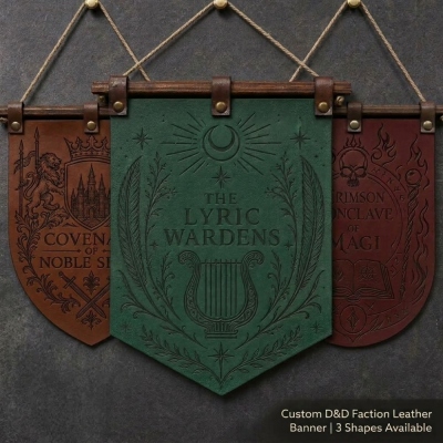 Personalized DND Faction Leather Adventurer Group Banner, Custom Text Vintage Hand Engraved DND Party Pennant Wall Hanging, Room Decor Flag Keepsake Gift