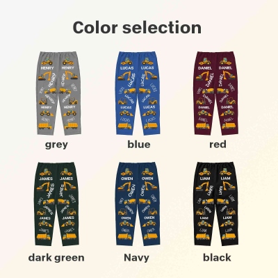 Personalized Cartoon Construction Trucks Children’s Pajama Pants with Name, Elastic Waistband Lounge Pants, Birthday/Christmas Gift for Kids/Boys