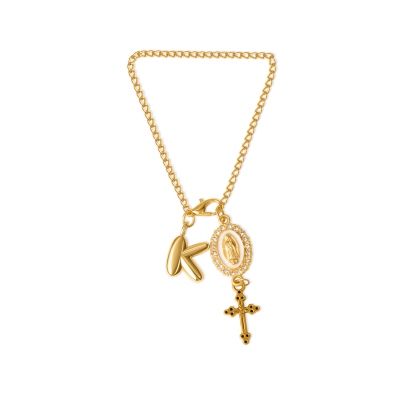 Custom Virgin Mary Cross Steering Wheel Rosary Charm with Bubble Initial, Car Accessory, Baptism/Christmas Gift for Christian Family/Friends/Drivers