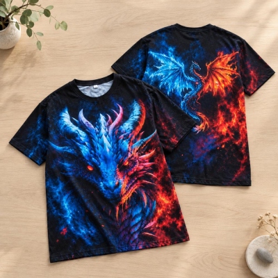 Personalized Ice and Fire Dragon All-Over Print T-Shirt, Custom Name Fantasy DND Graphic Tee, Dual Element Dragon Geek Gift for Adults & Dragon Lovers