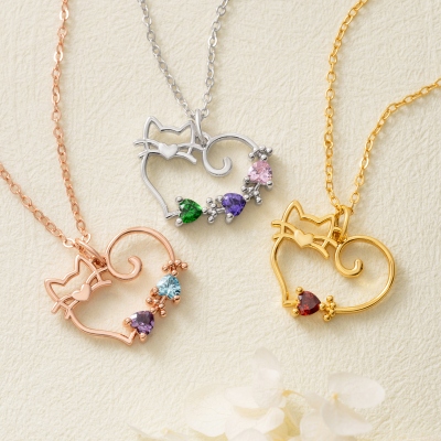Personalized Openwork Heart Cat Family Necklace with Birthstones, Sterling Silver 925 Pet Memorial Jewelry, Adoption/Birthday Gift for Cat Owners