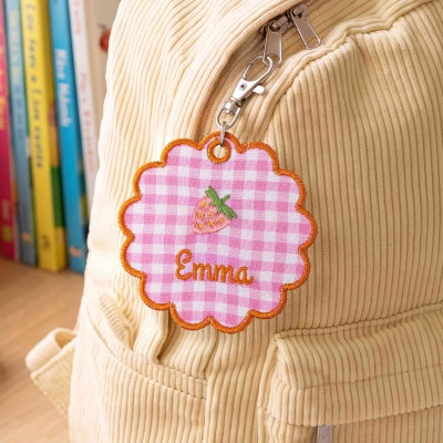 Personalized Name Embroidered Cute Cartoon Design Flower Shaped Gingham Keychain, Backpack Name Tag, Birthday/Back to School Gift for Kids/Students