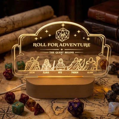 Personalized D&D Party Adventure LED Night Light, Custom Character Silhouettes & Player Names Adventure Sign Lamp, D20 Tabletop Game Night Decor Gift