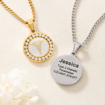 Personalized Engraved Pave Medical Alert Necklace, Medical ID Emergency Contact Necklace, Birthday/Anniversary Gift for Family/Friends/Patients