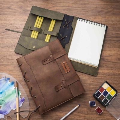 Custom Name Patched Leather Sketchbook Cover with Journal, Multi-compartment Travel Sketch Pad Case, Birthday/Anniversary Gift for Artists/Designers