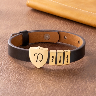 Personalized Shield Bracelet with Name, PU Leather Adjustable Jewelry, Sentimental Family Bracelet, Father's Day/Birthday Gift for Dad/Husband/Men