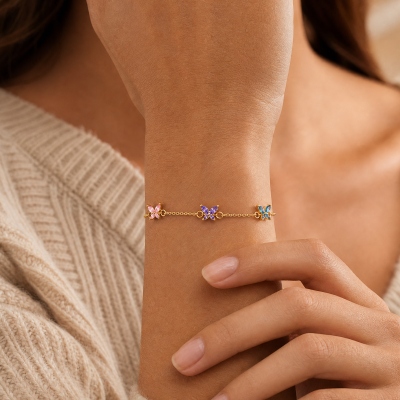 Personalized Family Birthstone Butterfly Bracelet, Sterling Silver 925 Minimalist Charm Jewelry, Meaningful Keepsake, Birthday Gift for Mom/Wife/Women