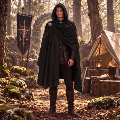 Personalized DND Medieval Hooded Corduroy Cloak, Custom Initial on Back Foil Print Cape, Fantasy Mage Cloak, Renfest Cosplay Outfit, Halloween Costume