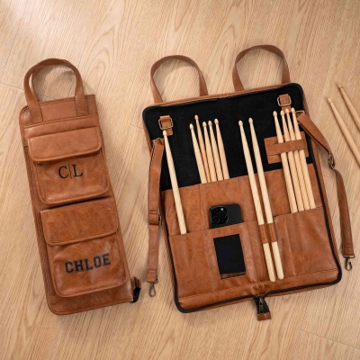 Personalized Name & Initials Drumming Pattern Multi-Pocket Leather Drumstick Holder Bag, Travel Drum Accessory Organizer, Gift for Drummers/Musicians