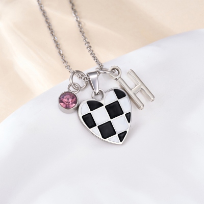 Personalized Race Grid Heart Initial Birthstone Necklace with Name, Y2K Trendy Black White Flag Racing Pendant, Gift for Motorsport Fans/Racing Girls