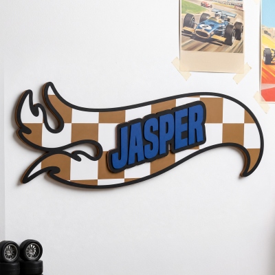 Personalized Racing Checkered Flag Name Sign, Multicolor Wooden Room Decor, Birthday/Christmas Gift for Boys/Kids/Racing Lovers