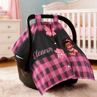 Personalisierter Autositzbezug mit Namen, Cartoon-Motiv, Afro-Stil, Schleife, Karomuster, atmungsaktiver Kinderwagenbezug, Geburtstags-/Babypartygeschenk für Neugeborene/frischgebackene Eltern