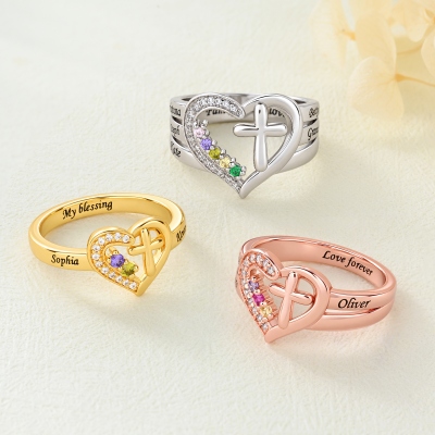 Personalized Engraved 1-8 Birthstones Heart Cross Ring with Names, Dainty Family Ring, Birthday/Christmas Gift for Mom/Grandma/Women/Christians