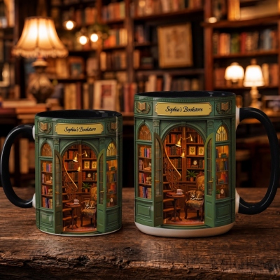 Personalized Vintage Bookstore 3D Ceramic Mug with Name, 11oz/15oz Book Club Coffee Tea Mug, Bookworm Keepsake, Birthday Gift for Book Lovers/Readers