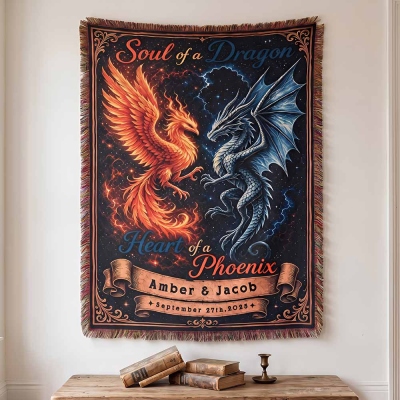 Personalized Dragon & Phoenix Couple Blanket, Soul of a Dragon Heart of a Phoenix Woven Throw Tapestry, Fantasy Wedding Anniversary Valentine Gift