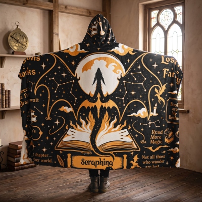 Custom Name Dragon Books Hooded Blanket, Magical Fantasy Wearable Cloak Throw Blanket, Reading Hooded Blanket Gift for Dragon & Book Lovers