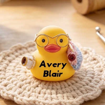 Personalized Name 3D Printed Knitting & Coffee Drinking Duck Figurine, Rubber Duck Collectible, Desk Decor, Birthday Gift for Mom/Grandma/Craft Lovers
