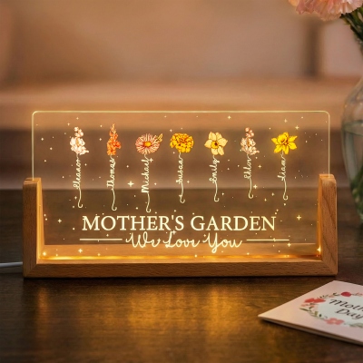 Custom Names & Birth Flowers Grandma's Garden LED Night Light, Acrylic Night Lamp with Wooden Base, Birthday/Mother's Day Gift for Her/Mom/Grandma
