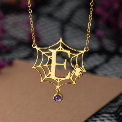 Personalized Spider Web Alphabet Necklace with Birthstone, Sterling Silver 925 Spooky Jewelry, Birthday/Halloween Gift for Teen Girls/Women