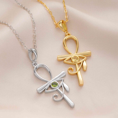 Personalized Eye of Ra Necklace with Birthstone, Egyptian Protection Ankh Cross Pendant, Dainty Spiritual Jewelry, Birthday Gift for Women