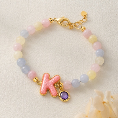 Personalized Macaron Bubble Initial Adjustable Beaded Bracelet with Birthstone, Friendship Jewelry, Birthday/Anniversary Gift for Her/Sisters/Besties